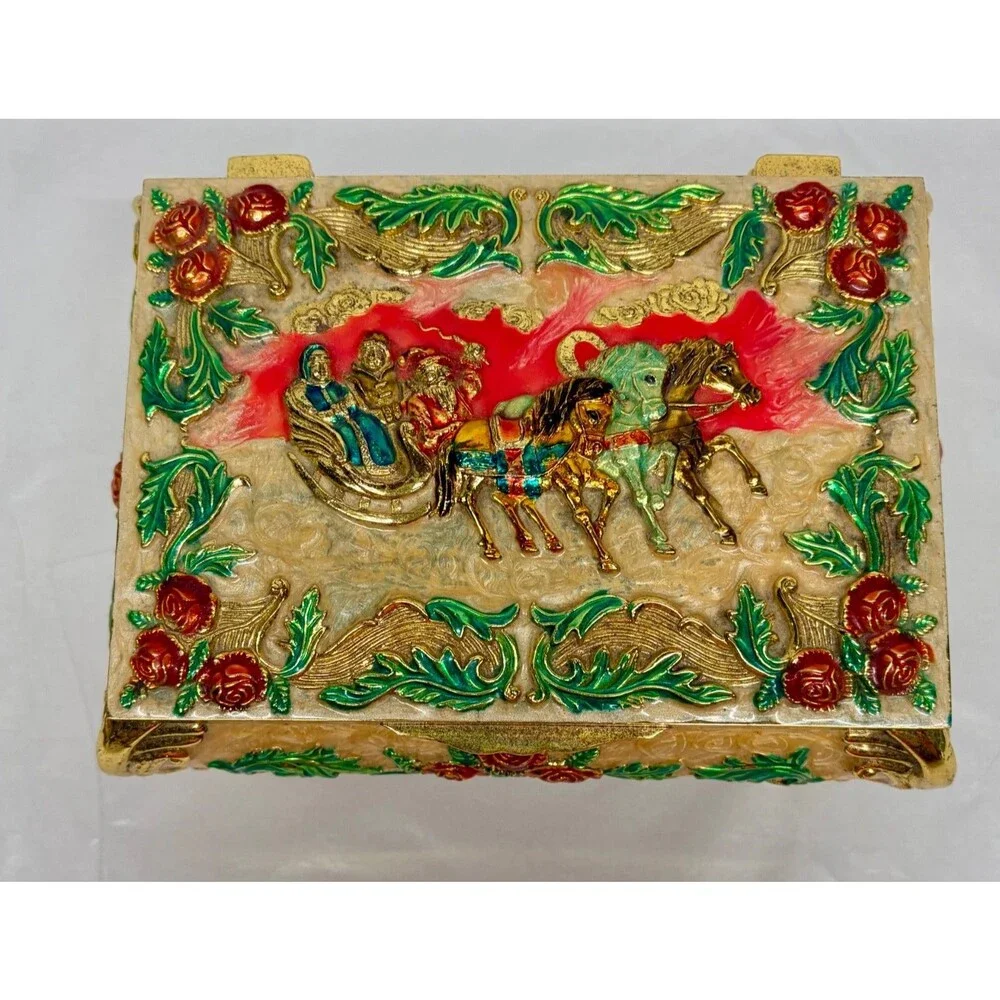 Vtg Jewelry Box Metal Enamel Christmas Scene Footed  Santa Sleigh Russian Troika